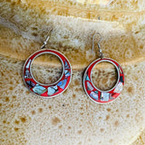 Alpaca Silver Signed Mexico Abalone Shell Red Retro Circle Pierced Drop Earrings