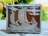 Vintage Asian Wood & Metal Silver Tone Sail Boat Nautical Sea Trinket Box Decor