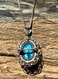 Vintage Sterling Silver Filigree Turquoise Cameo Pin Pendant W 925 Silver Chain