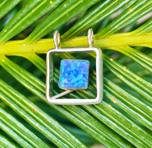 Vintage Sterling Silver 925 Blue Fire Opal Square Modernist Geometric Pendant