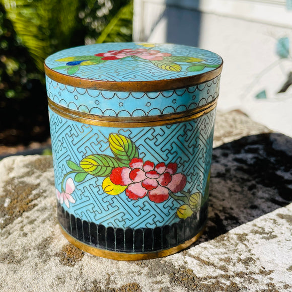 Cloisonne Vintage Chinese Asian Enamel Floral Trinket Ginger Jar Container w Lid