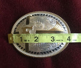 Vintage Silver Plate “F” Etched Montana Silver Smiths 2 Tone + Black Belt Buckle