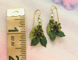 Vintage Christmas Holiday Holly Leaf Red Stone Dangle Drop Pierced Earrings