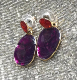 French Gold Tone Enamel Red Orange Purple Pierced Hanging Earrings France