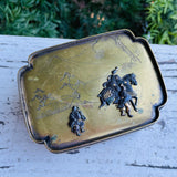 Antique Brass Metal Etched Scenic 3D Horse Asian Art Dynasty Trinket Box w Lid