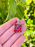 Sterling Silver 925 Red Coral Stone Abstract Geometric Modernist Pendant 4.3g