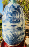 Antique Chinese Blue & White Ceramic Large Tall Asian Scenic Vase On Wood Stand