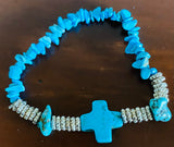 Faux Turquoise and Silver Beaded Religious Cross Fashion Bracelet
