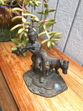 Antique Brass Metal Indian Hindu Krishna God Playing Flute With Cow Figurine