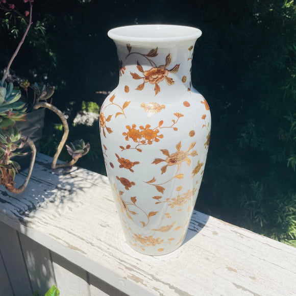 Vintage Asian Artist Signed Porcelain White Gold Amber Tone Floral Painted Vase