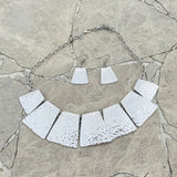Silver Tone Hammered Bib Necklace and Earrings Fashion Jewelry Set