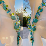 Chunky Green Blue Faux Turquoise Stone Bead Rhinestone Cross Religious Necklace