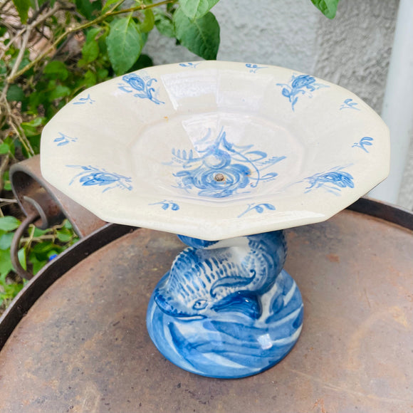 Antique Blue & White Signed 5227 Porcelain Dynasty Dolphin Pedestal Compote Dish