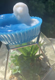Vintage Blue & White Milk Slag Glass Sheep Dog Nest Basket Dish