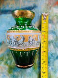 Vintage Green & Gold Tone Hand Painted Horse Chariot Art Glass Decorative Vase