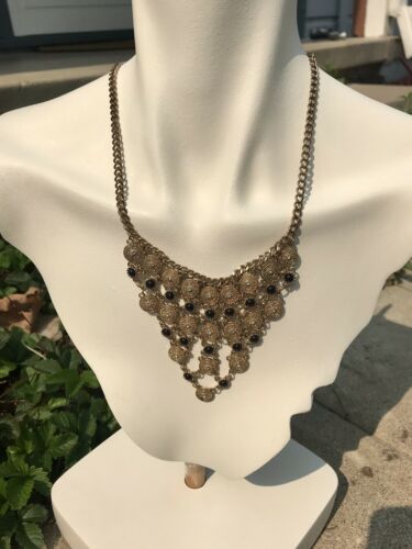 Vintage Ornate Gold Tone Black + White Stone Tribal Chandelier Layered Necklace