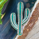 Vintage Enamel Emerald Green Cactus Desert Rhinestone Fashion Brooch Pin