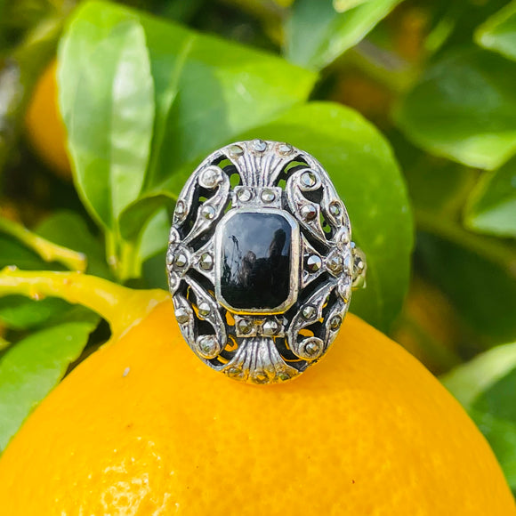 Art Deco Vintage Sterling Silver 925 Black Onyx Marcasite Ornate Ring 7g Size 8