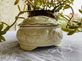 Vintage White Ivory Rose Flower Gold Trim Lid Porcelain 2 Piece Container Box