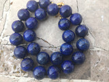 Vintage 16mm Blue Round Lapis Lazuli Hand Knotted Gem Stone Gold Tone Necklace