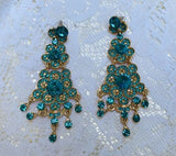 Elegant Teal Blue Rhinestone Floral Goldtone Statement Necklace + Earrings Set