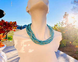 Multi Strand Beaded Blue Turquoise Tone Bead Necklace