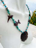 Wood Fish Dolphin Sand Dollar Faux Turquoise Stone Beaded Silver ToneNecklace