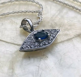 Sterling Silver Greek Evil Eye Blue Stone Cubic Zirconia 10” Necklace Pendant