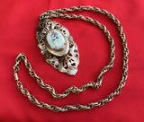 Vintage Victorian Style Gold Tone Filigree Floral Porcelain Locket Necklace
