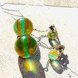 Vintage Gold Tone Glass Marble Green Orange Red Dangle Drop Clip on Earrings