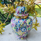Vintage Hand Painted ACF Hong Kong Multi Color Floral Flower Gold Vase Jar w Lid