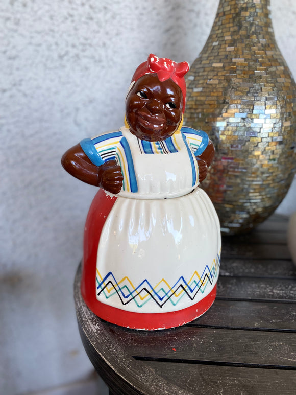 Vintage Hand Painted Colored Woman Americana Porcelain Cookie Jar with Lid