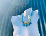 Gold Tone Blue Faux Turquoise Stone Dangle Beaded fashion Statement Necklace