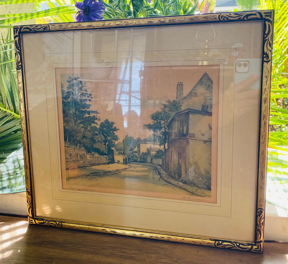 Vintage Hand Painted Watercolor Little Town Gold Tone Ornate Frame Painting Art