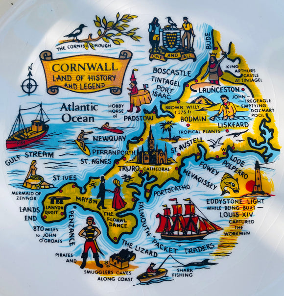 Vintage Colorful Cornwall England Painted Map Historical Ceramic English Plate