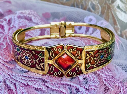 Vintage Ornate Red Floral Enamel Cloisonne Hinged Bangle Bracelet