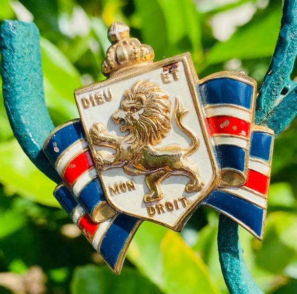 Vintage Gold Tone Red White Blue Dieu Et Mon Drqit Lion Ribbon Brooch Pin Badge