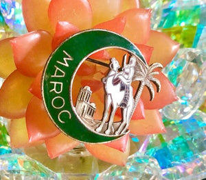 Rare Maroc Camel Moon Vintage Green & White Enamel Silver Tone AA Lyon Badge Pin