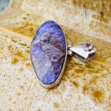 Sterling Silver 925 Purple Charoite & Amethyst Gem Stone Hinged Pendant 16g