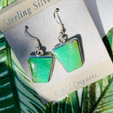 Sterling Silver 925 Trapezoid Jade Tone Green Gem Stone Dangle Earrings 6.5g