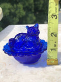 Cobalt Blue Vintage Glass Sleeping Cat Nesting Kitten Candy Trinket Dish