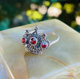 Sterling Silver Signed 925 Marcasite & Red Gem Stone Royal Crown Ring Size 10
