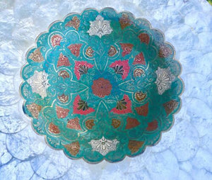 Solid Brass Hand Painted Etched Green Red Floral Beautiful Bowl Made In India