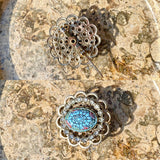 Antique Vintage Gold Tone Rhinestone Blue Carved Cabochon Bead Brooch Pin