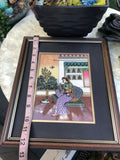 Framed &amp; Matted Semi Precious Gem stone Painting / India Woman with Bird 12.5x10
