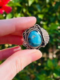 Vintage Sterling Silver 925 Turquoise Stone Leaf Feather Ring Large 8.25g Size 4