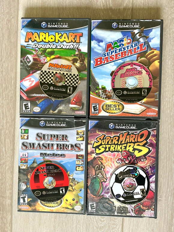 Nintendo GameCube Game Lot: Mario Kart, Super Smash Bros Melee, Strikers, 4 Set
