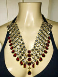 Gold Tone Red+White Rhinestone Fashion Statement Necklace Earrings Headpiece Set
