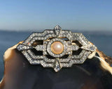 Beautiful Art Deco Vintage 1920’s-30’s Faux Pearl Goldtone Rhinestone Brooch Pin