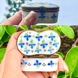 Limoges France Signed MC Peint Main Trinket Box Blue Floral Hand Painted